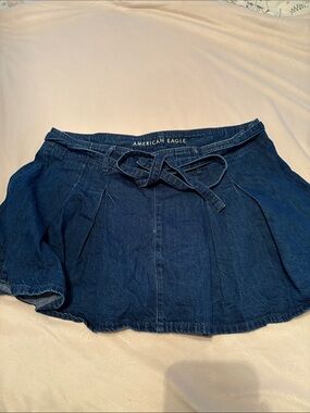 American Eagle Dark Wash Denim Mini Skort with Tie Waist